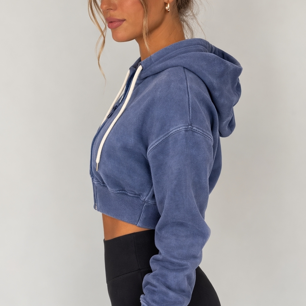 aerie Washed Denim-Blue Cropped Hoodie